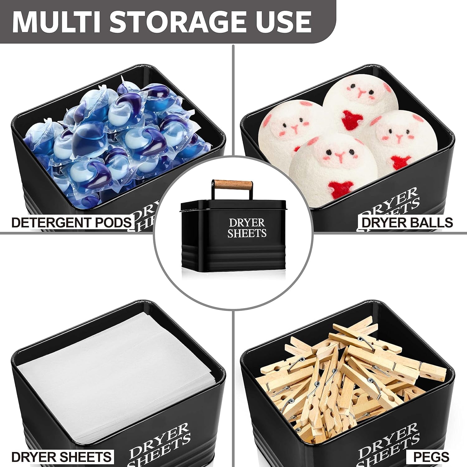 Modern Farmhouse Metal Laundry Dryer Sheets Holder Fabric Softener Dispenser with Lid for Laundry Room Decor and Accessories and Space Saving Laundry Organization and Storage, Glossy Black