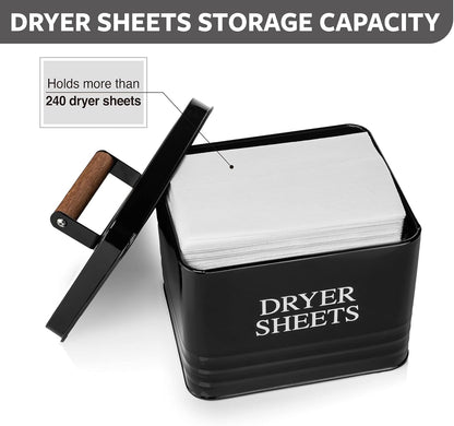 Modern Farmhouse Metal Laundry Dryer Sheets Holder Fabric Softener Dispenser with Lid for Laundry Room Decor and Accessories and Space Saving Laundry Organization and Storage, Glossy Black