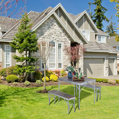 3PCS Folding Camping Table and Benches Set 4FT Aluminum Camping Table Portable Picnic Dining Table Lightweight Folding Card Table W/Handle for Indoor Outdoor Patio Backyard Party