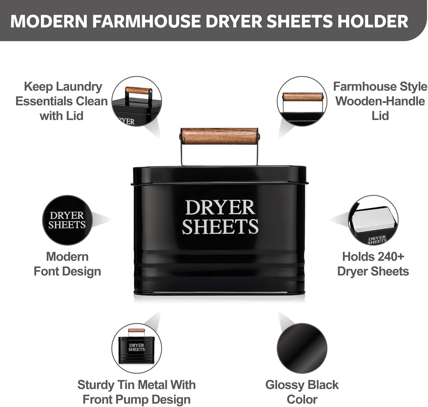 Modern Farmhouse Metal Laundry Dryer Sheets Holder Fabric Softener Dispenser with Lid for Laundry Room Decor and Accessories and Space Saving Laundry Organization and Storage, Glossy Black