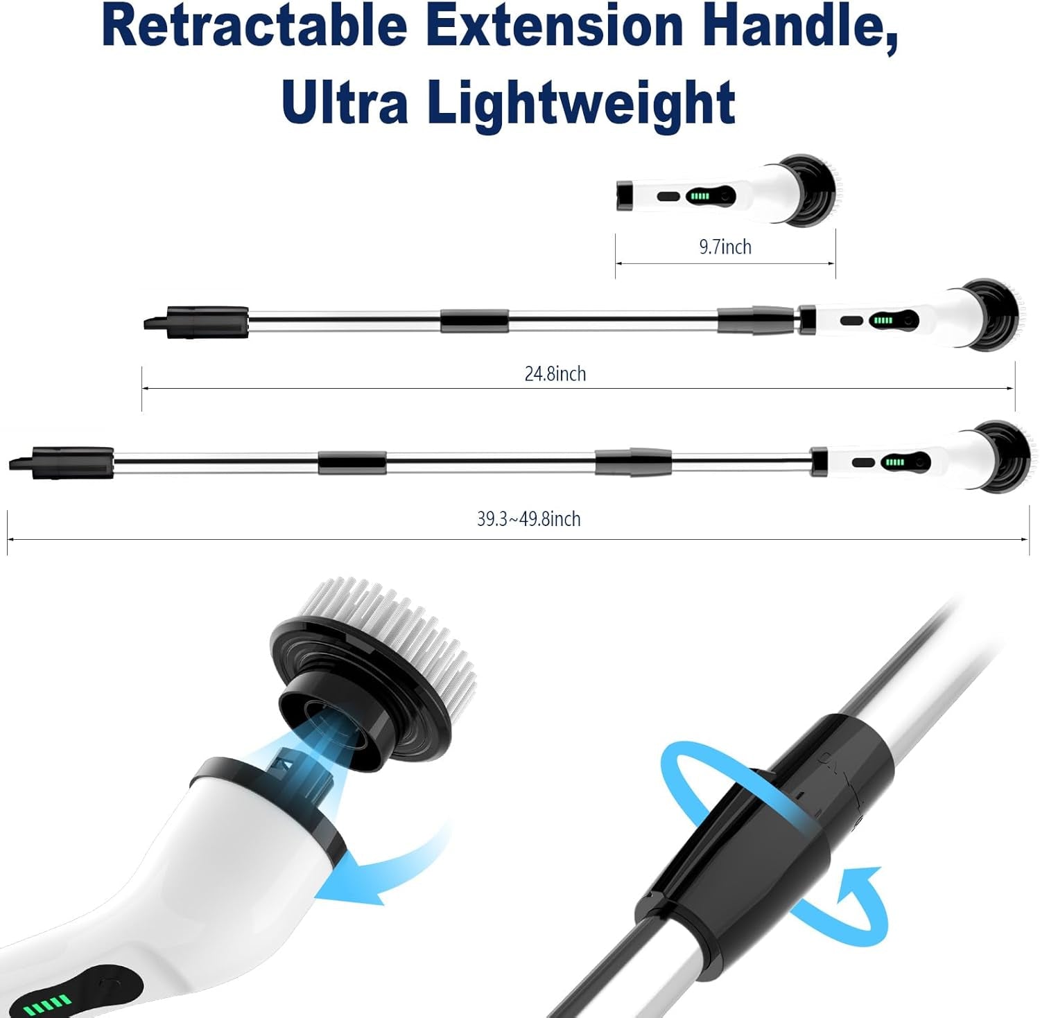 Electric Spin Scrubber, Cordless Cleaning Supplies Full-Body IPX7 Waterproof Power Shower Cleaner Brush with 9 Replaceable Brush Heads, Adjustable Extension Handle for Bathroom Accessories