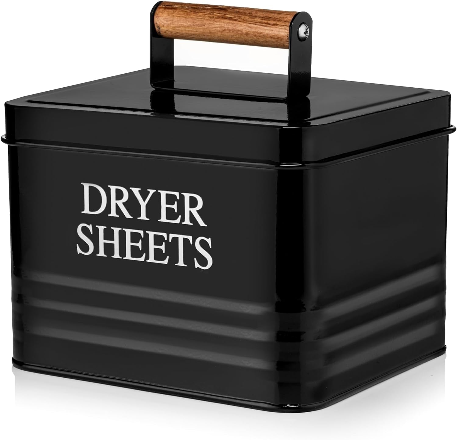 Modern Farmhouse Metal Laundry Dryer Sheets Holder Fabric Softener Dispenser with Lid for Laundry Room Decor and Accessories and Space Saving Laundry Organization and Storage, Glossy Black